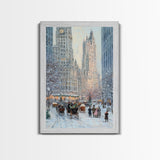 Historical City Winter Framed Canvas Print, Snowy Urban Landscape with Carriages and Victorian Architecture, Elegant Christmas Wall Art