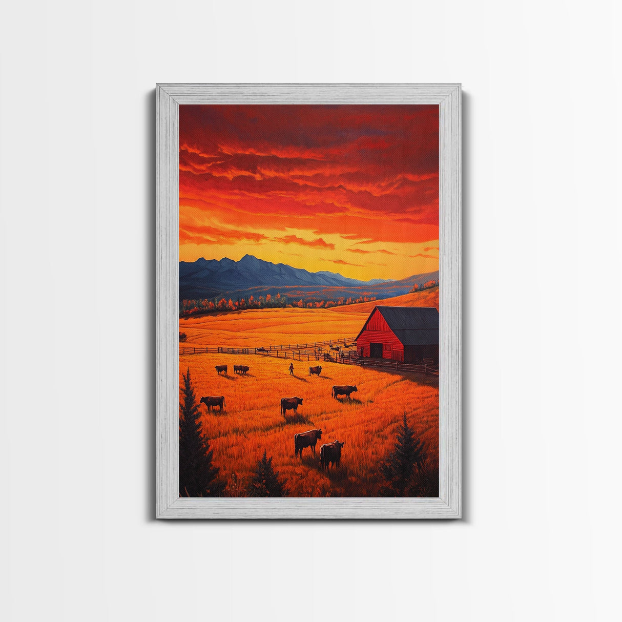 Golden Fields and Barn Framed Canvas Print, Pastoral Landscape with Mountains Grazing Cows, Rustic Fall Wall Art Farmhouse Ranch Style Decor