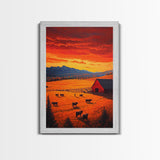 Golden Fields and Barn Framed Canvas Print, Pastoral Landscape with Mountains Grazing Cows, Rustic Fall Wall Art Farmhouse Ranch Style Decor