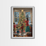 Retro Family Decorating Christmas Tree in Living Room, Classic Christmas Decor Scene, Perfect for Holiday Home, Framed Canvas Print
