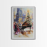 Elegant Christmas party with grand piano and city skyline view Framed Canvas Print, classy holiday wall art perfect seasonal decor idea