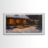 Festive Log Cabin Winter Scene Framed Canvas Print Christmas Wall Art, Rustic Holiday Art, Cozy Christmas Scene, Seasonal Wall Decor Gift