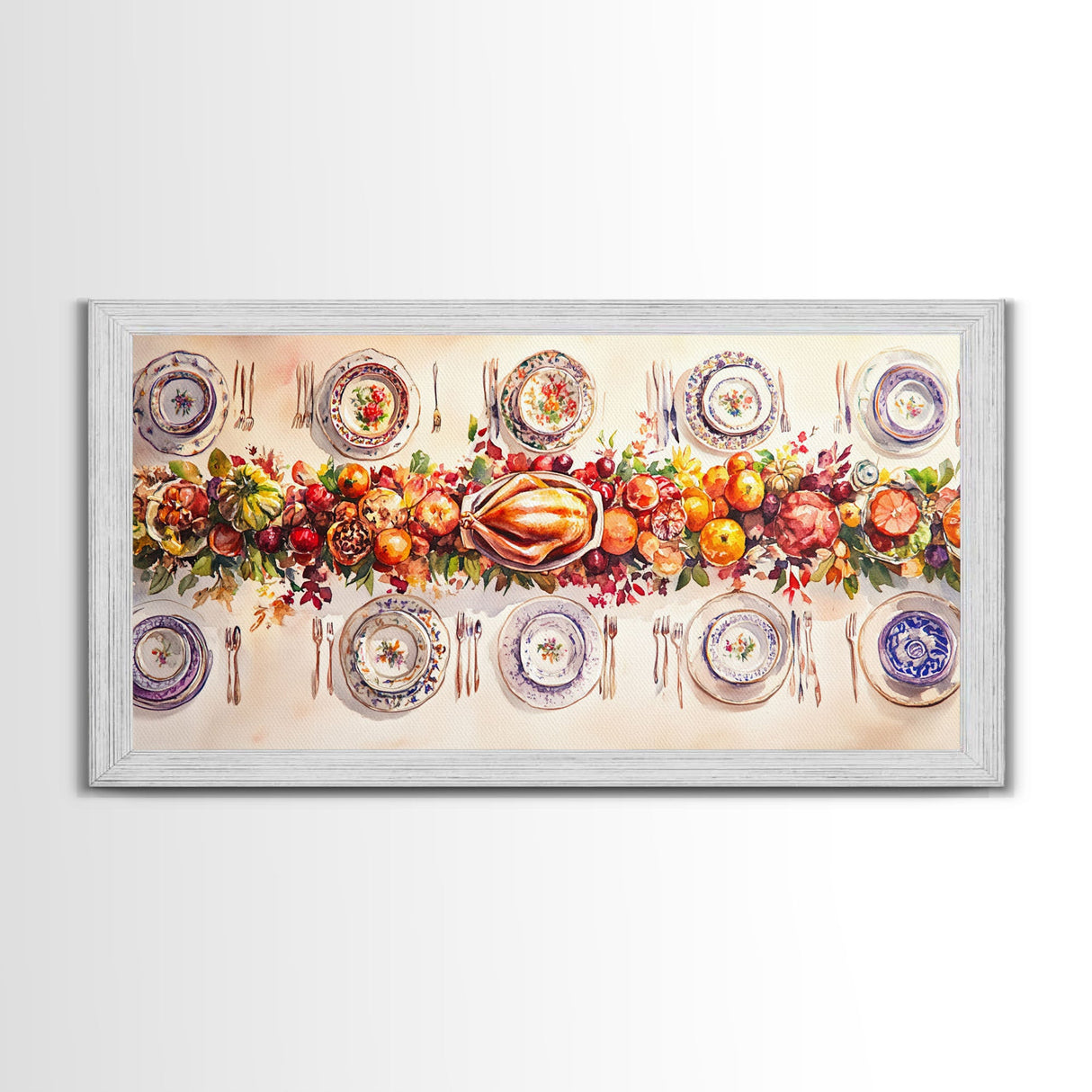 Festive Thanksgiving dinner table setting with colorful centerpiece, framed canvas print perfect autumn holiday decor wall art