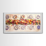 Festive Thanksgiving dinner table setting with colorful centerpiece, framed canvas print perfect autumn holiday decor wall art