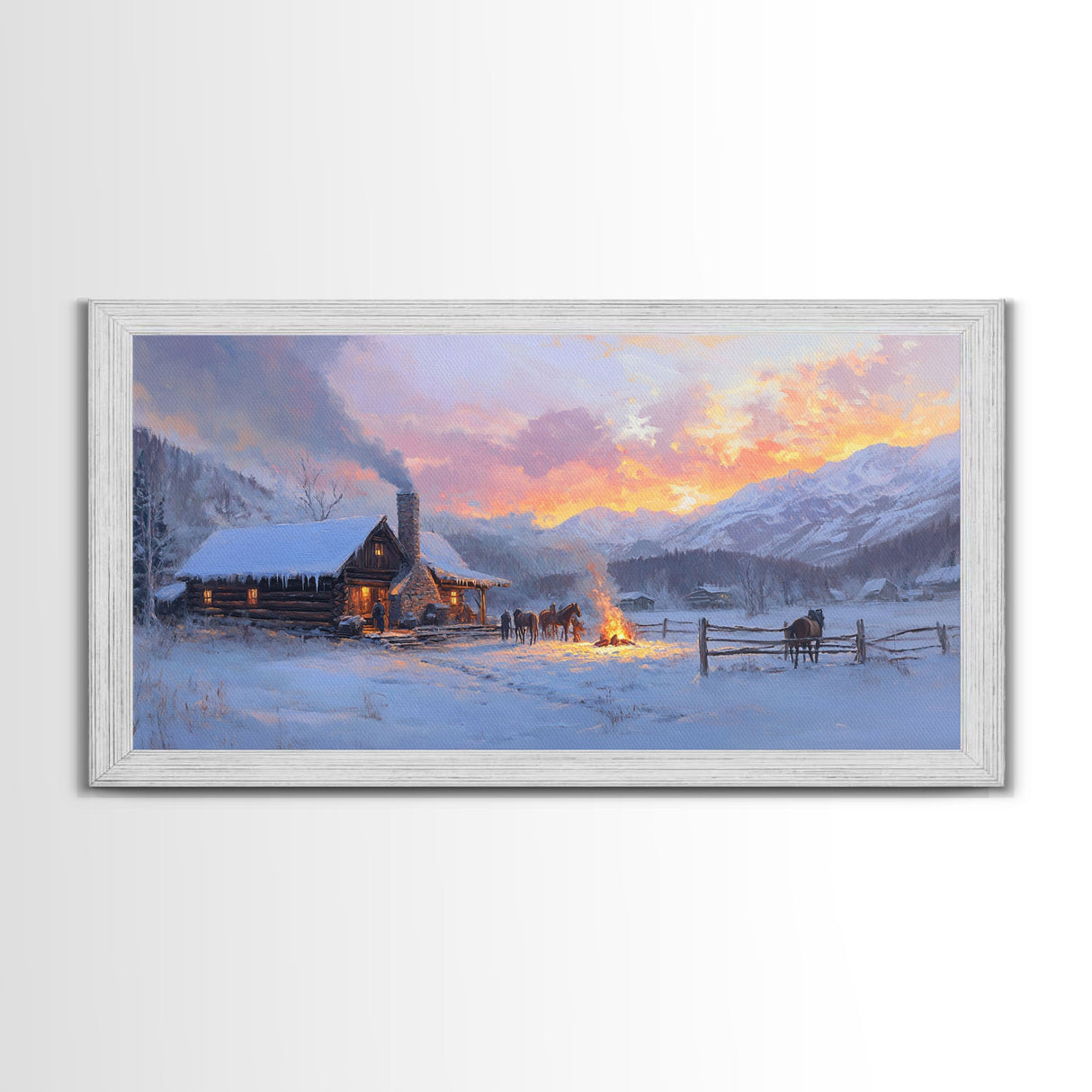 Cozy Snowy Log Cabin Tall Art Framed Canvas Print Winter Home Decor With Warm Fireplace And Horse Rider Under A Beautiful Sunset Scene