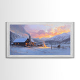 Cozy Snowy Log Cabin Tall Art Framed Canvas Print Winter Home Decor With Warm Fireplace And Horse Rider Under A Beautiful Sunset Scene