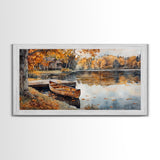 Fall lake house decor Framed Canvas Print serene lakeside cabin canoe rustic autumn wall art seasonal decor gift idea cozy fall home decor