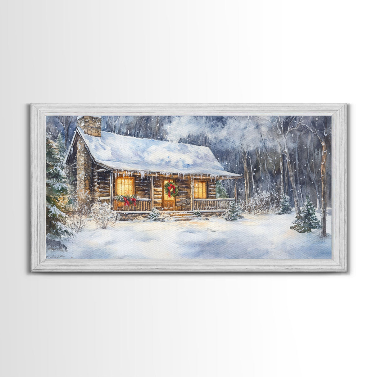 Snowy cabin Christmas decor, winter wonderland wall art, rustic farmhouse Christmas print, cozy country home decor, framed canvas print
