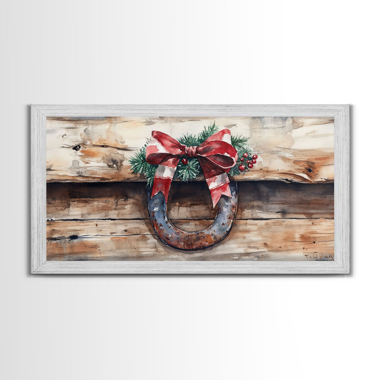 Festive horseshoe Christmas art, rustic holiday decor, farmhouse holiday gift idea, cozy winter home decor, framed canvas print