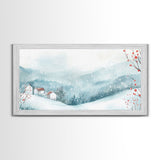 Winter mountain village art, snow-covered landscape, holiday wall art, winter wall decor, cozy winter home decor, framed canvas print