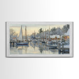 Snowy Boats at a Festive Pier Scene, Framed Canvas Print, Coastal Christmas Decor, Art, Winter Wonderland, Nautical Christmas Wall Print