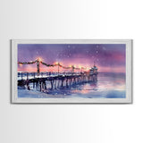 Snow-Covered Pier at Dusk with Christmas Lights, Framed Canvas Print, Coastal Holiday Decor, Winter Wonderland, Nautical Christmas Wall Art