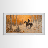 Cowboy riding horse through deep snow in a winter storm, Framed Canvas Print, dynamic winter wall art, rustic western home decor