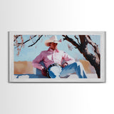 Autumn-themed portrait Framed Canvas Print of a woman in a cowboy hat holding a cup of coffee, surrounded by fall leaves, cozy fall decor