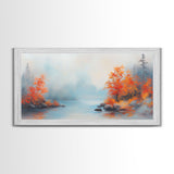 Fall On The Lake, Framed Canvas Print, Beautiful Seasonal Decor, Moody Landscape Painting