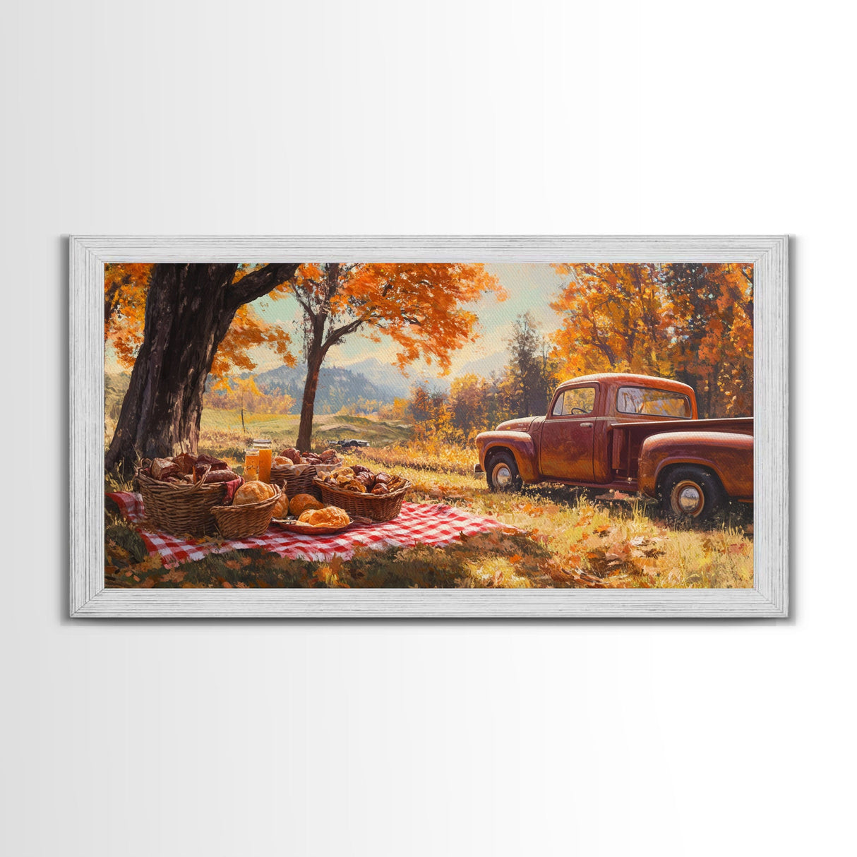 Fall Picnic Afternoon Framed Canvas Print, Rustic Farmhouse Decor, Autumn Country Landscape Art, Modern Farmhouse Wall Art, Seasonal Gift