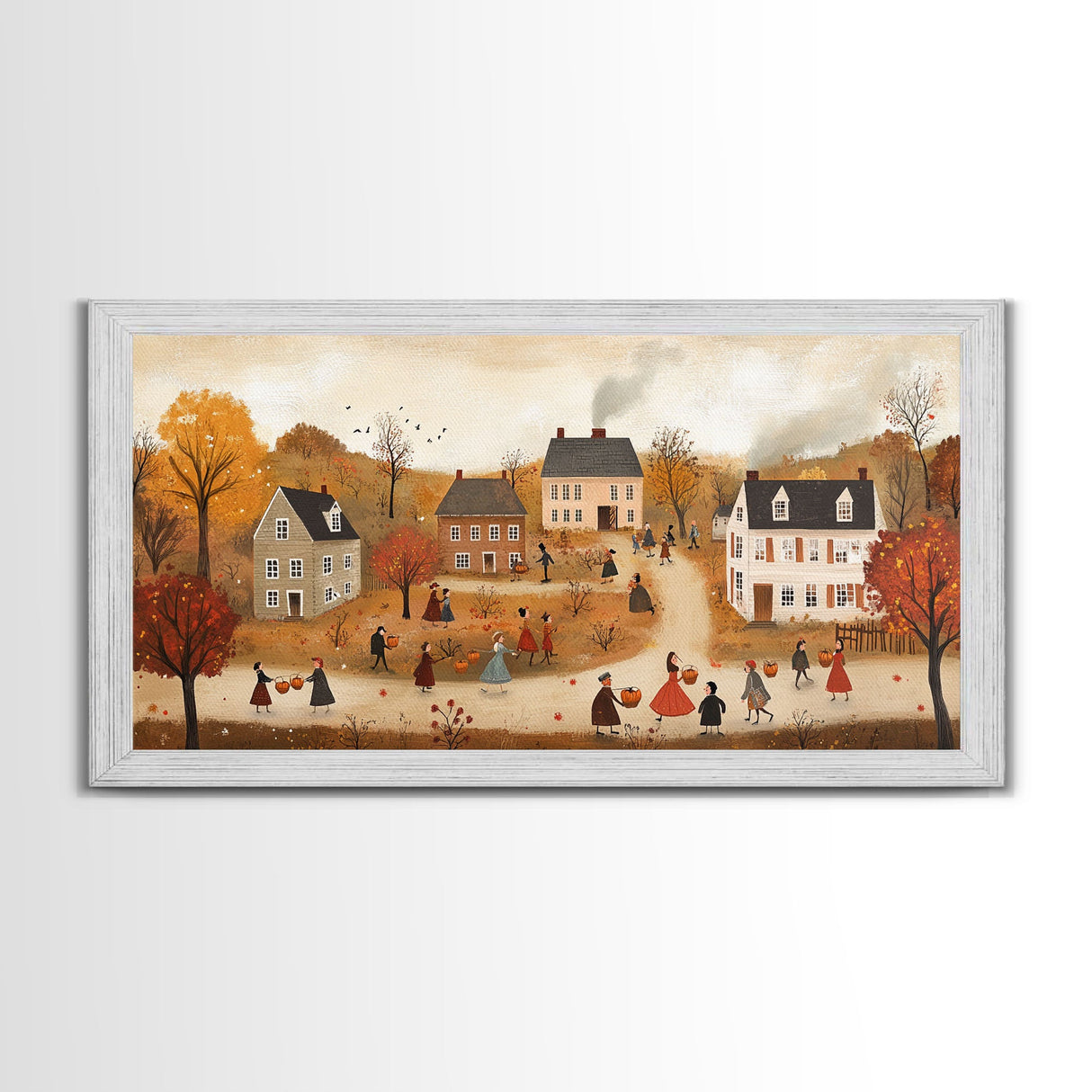Autumn Harvest Village Scene Framed Canvas Print - Cozy Fall Decor and Seasonal Wall Art with Country Charm and Autumn Ambiance
