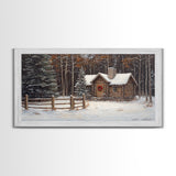 Snowy Log Cabin Christmas Framed Canvas Print, Rustic Winter Wonderland Art, Cozy Holiday Decor, Best Gift Christmas Wall Art