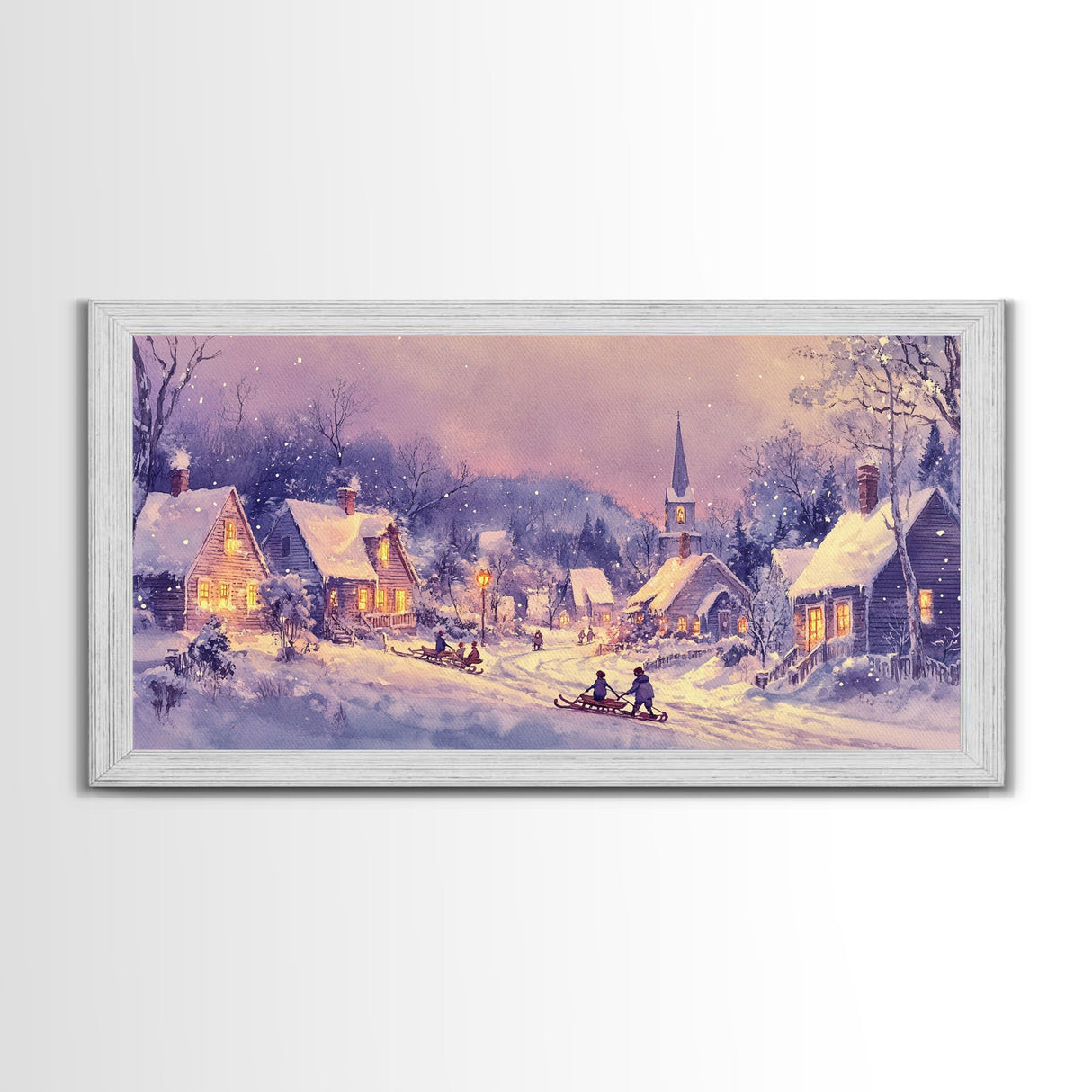 Serene Christmas Village Framed Canvas Print, Snowy Winter Landscape with Families Sledding in a Cozy Neighborhood Holiday Art