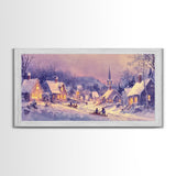 Serene Christmas Village Framed Canvas Print, Snowy Winter Landscape with Families Sledding in a Cozy Neighborhood Holiday Art