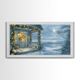 Rustic snowy mountain cabin with Christmas lights, Framed Canvas Print a cozy winter scene, perfect for winter wonderland wall decor