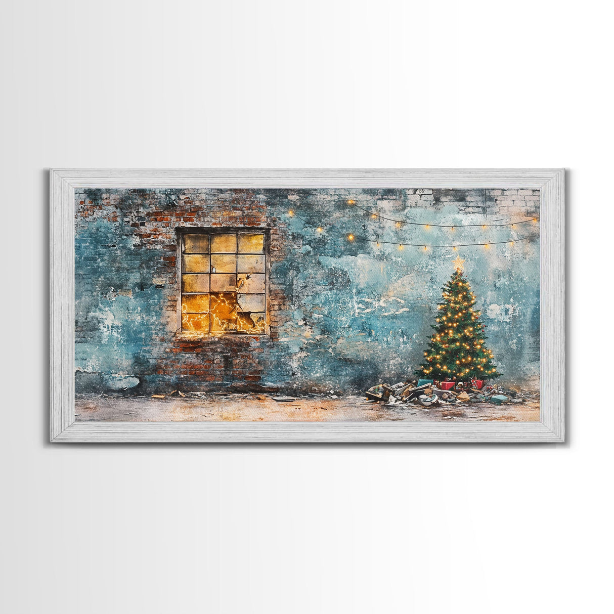 Rustic urban Christmas wall art with a glowing window and decorated tree, framed canvas print perfect seasonal decor, winter holiday display