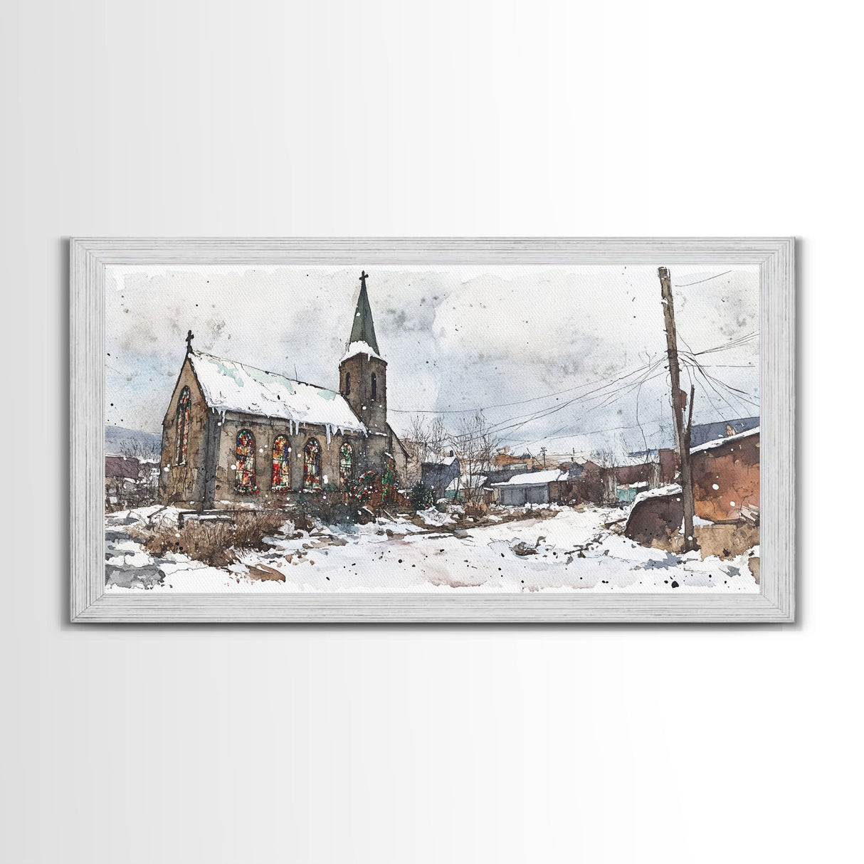Snowy church scene framed canvas print, stained glass church in winter with snow-covered rooftops, perfect Christmas or holiday art display