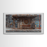 Urban Christmas street scene with wreath on a graffiti wall, framed canvas print perfect moody holiday decor winter wall art