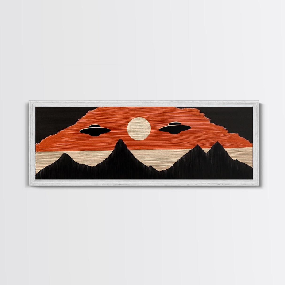 Flying Saucers over The Mountains - Retro Art Deco Inspired Scifi Art - Panoramic Print - Cute Nursery Decor