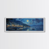Horizontal Oil Painting Print - Italy At Night - Portofino Wall Art - Horizontal Panoramic Print - Full Moon Painting