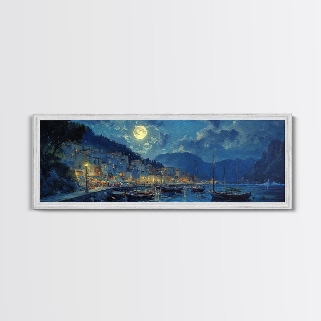 Midnight in Portofino - Full Moon - Italian Oil Painting Canvas Print - Whimsical / Eclectic Landscape Painting - Minimalist Boho Home Decor