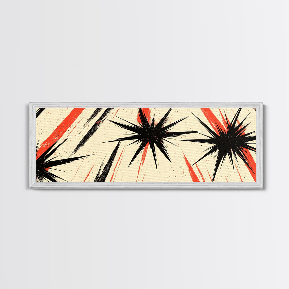Flashes and Light - Framed Canvas Print - Mid-century Modern Rocket Age Inspired Wall Art - Black Stars with Red Streaks