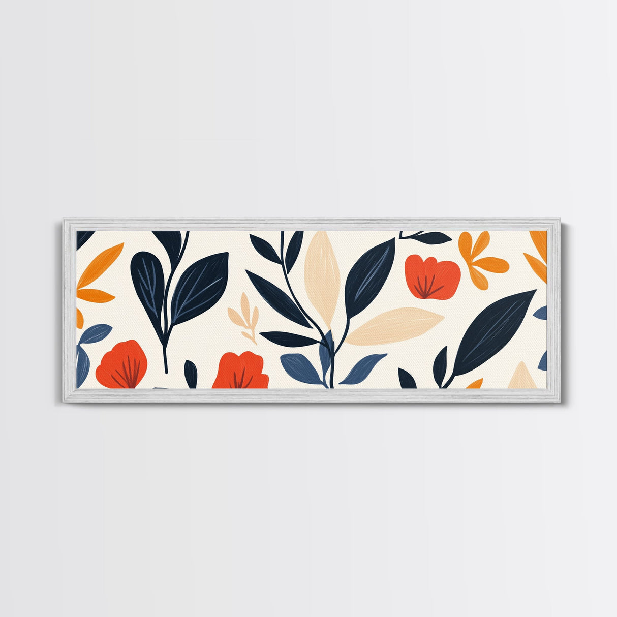MCM Floral Print, Framed Canvas Art With Wood Frame, Over Sized Extra Wide Art For Above Sofa, Blue flowers on Black Background