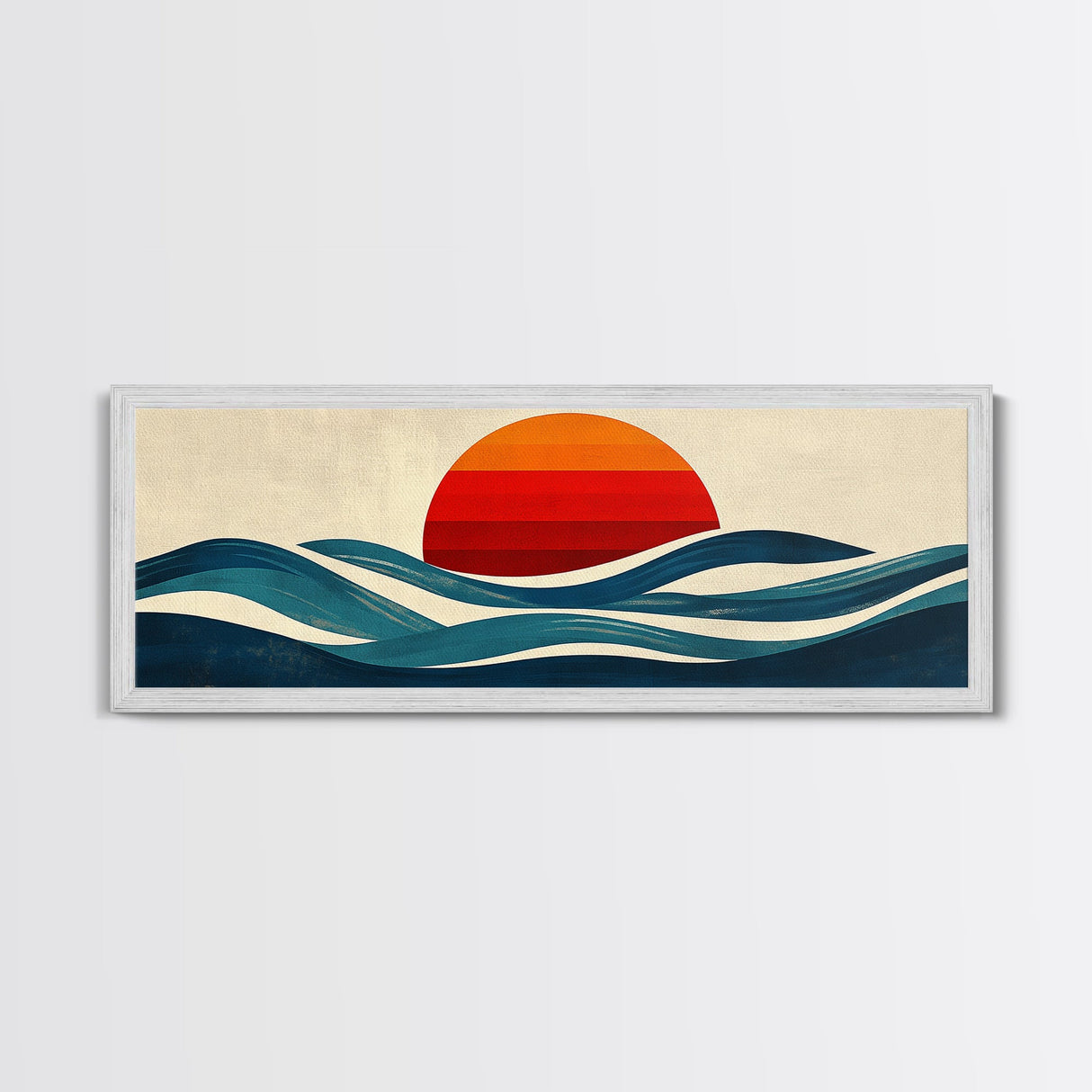 Retro Art Deco Sunset over The Ocean, Framed Canvas Print, Vector Image Style Artwork, Wood Frame, Boho / Eclectic Home Decor, Minimalist Decor