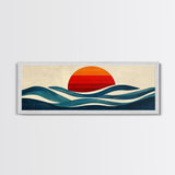 Retro Art Deco Sunset over The Ocean, Framed Canvas Print, Vector Image Style Artwork, Wood Frame, Boho / Eclectic Home Decor, Minimalist Decor