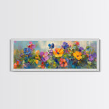 Wildflowers Field Framed Canvas Print Oil Painting, Long Horizontal Art, Vintage Spring Meadow Landscape, Panoramic Landscape Print