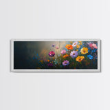Wildflowers In a Thunder Storm, Framed Canvas Print, Colorful Botanical Print, Field of Wildflowers Canvas Art, Dark Floral Landscape Wide Art