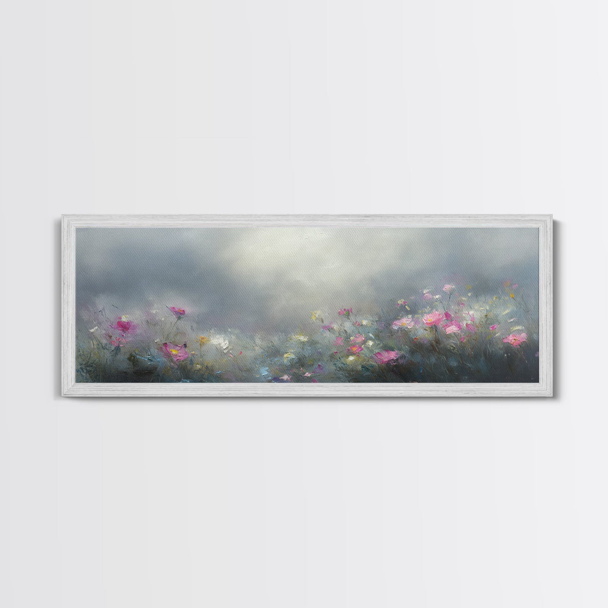 Moody Wild Flowers Under a Cloudy Sky, Panoramic Framed Canvas Print, Nature Decor, Boho Floral Wall Art, Flower Painting Gift For Her