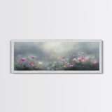 Moody Wild Flowers Under a Cloudy Sky, Panoramic Framed Canvas Print, Nature Decor, Boho Floral Wall Art, Flower Painting Gift For Her