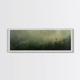 Fog Over The Wild Flowers Framed Canvas Print, Moody Muted Decor, Panoramic Painting Wall Art, Living Room Decor