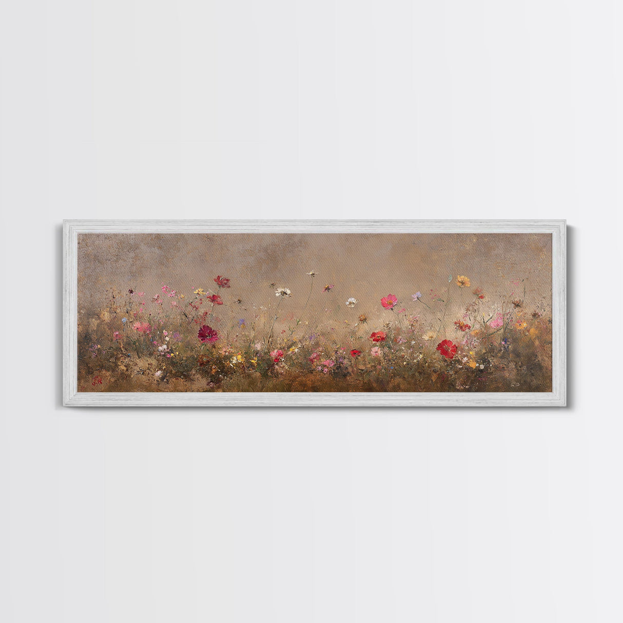 Wild Flowers On a Grey Background, Framed Canvas Print, Panoramic Oil Painting Print, Boho Farmhouse Decor, Modern Rustic Primitive Decor