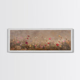 Wild Flowers On a Grey Background, Framed Canvas Print, Panoramic Oil Painting Print, Boho Farmhouse Decor, Modern Rustic Primitive Decor