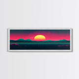 Synthwave Sunset Over The Mountains, Wireframe Art, Framed Canvas Print, Wire Frame Retro 1980s Style Wall Art