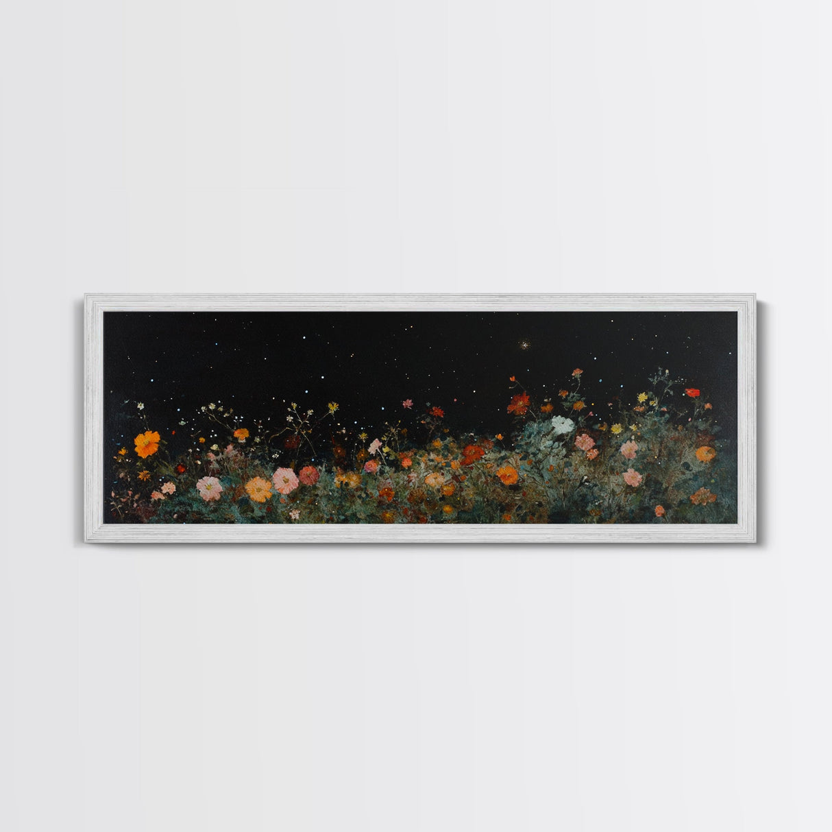 Field of Wildflowers Framed Wall Art Canvas Print, Vintage Botanical Landscape Art, Panoramic Print, Modern Farmhouse Art