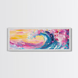 Rainbow Waves, Pink and Turquoise Ocean Waves Framed Canvas Print, Eclectic Kitsch Decor, Retro Farmhouse Wall Art