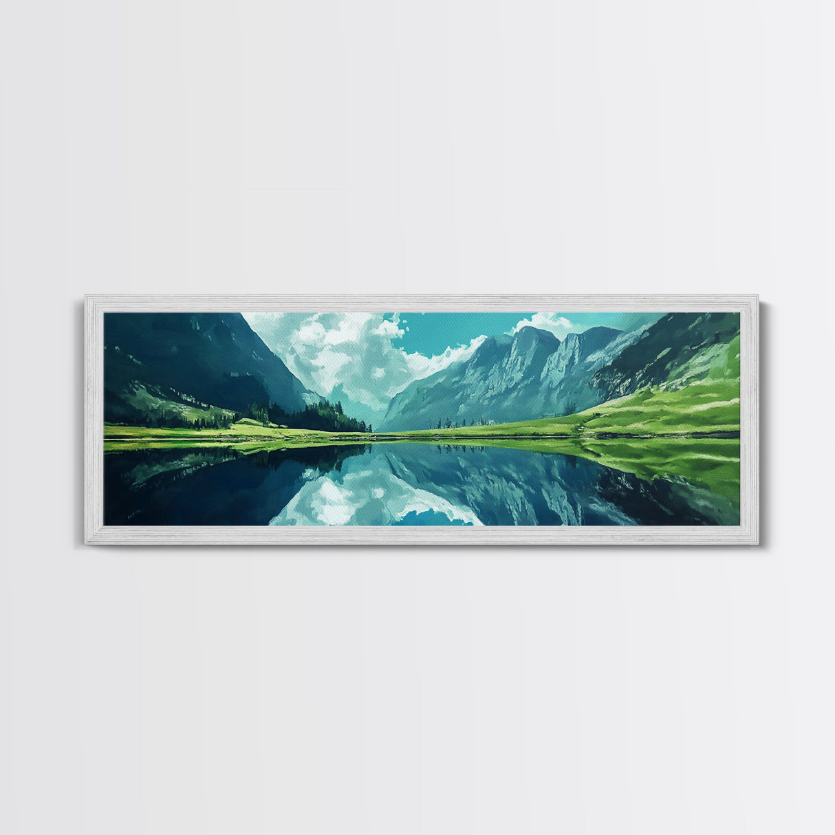 Reflections On The Lake - Framed Canvas Print - Panoramic Original Landscape Painting - Lake Painting - Mountain Painting - Minimalist Muted Art
