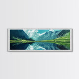 Reflections On The Lake - Framed Canvas Print - Panoramic Original Landscape Painting - Lake Painting - Mountain Painting - Minimalist Muted Art