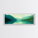 Jade Green Landscape Painting Print, Panoramic Lake Painting, Minimalist and Muted Home Decor, Emerald Green Landscape Art