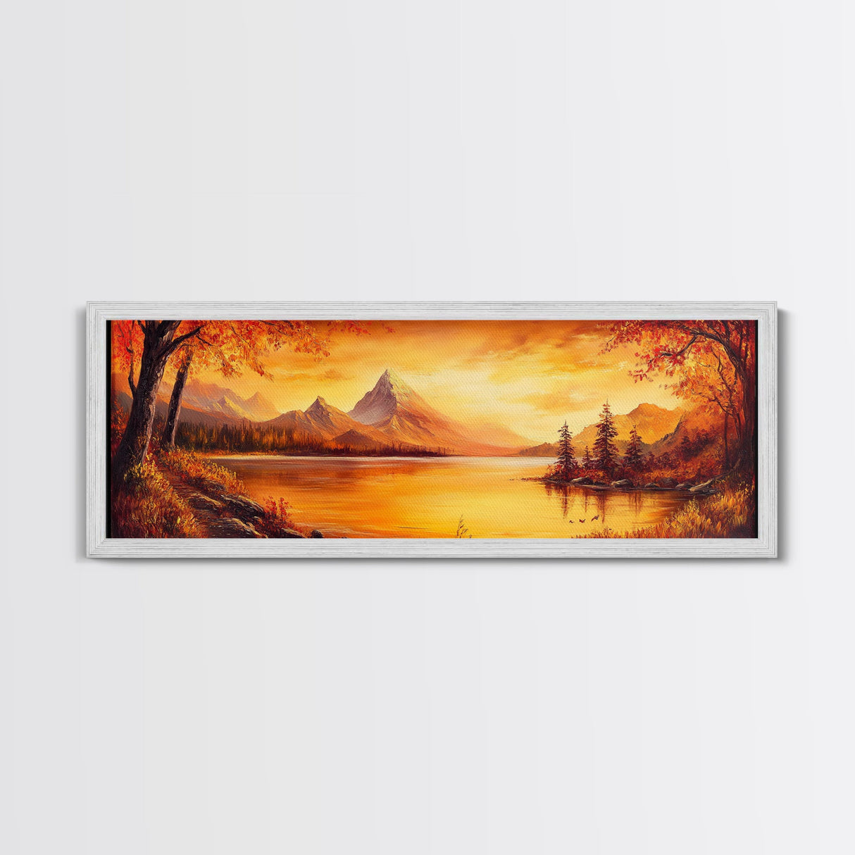Golden Hour Over The Mountains, Sunset Landscape Painting Print, Wood Framed Artwork, Ultra Wide Panoramic Print