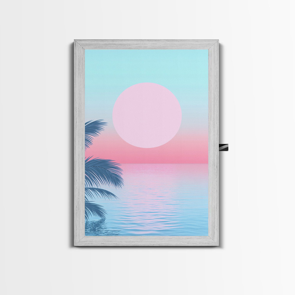 Vaporwave Sunset Framed Canvas Print with Wood Frame, Boho Style Minimalist Home Decor, Vertical Wall Art, Beach Painting